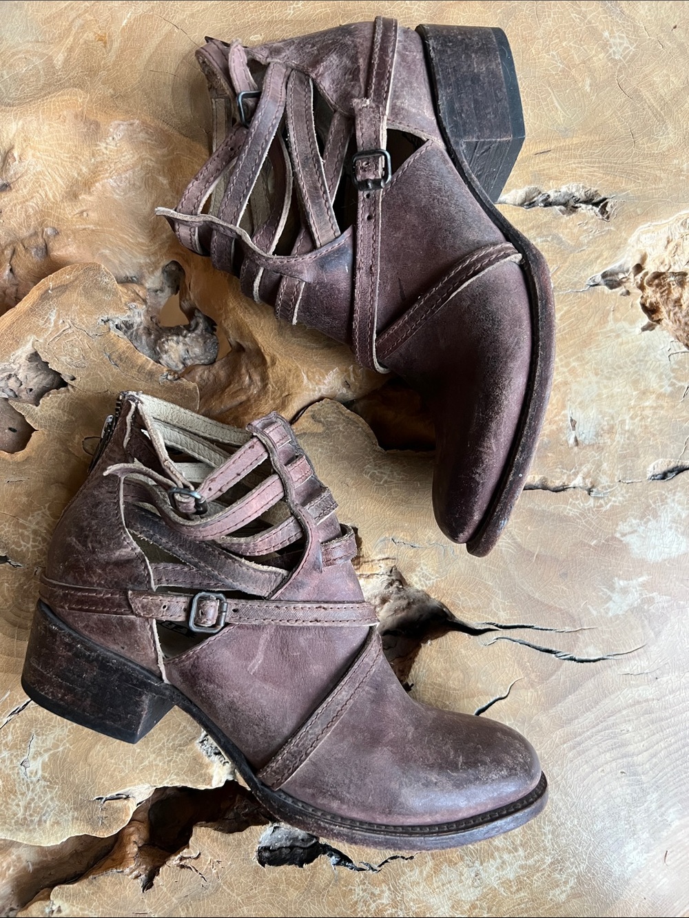 Freebird Stair Cutout Ankle Boot in Distressed Brown - Strappy + Zipper + Buckle